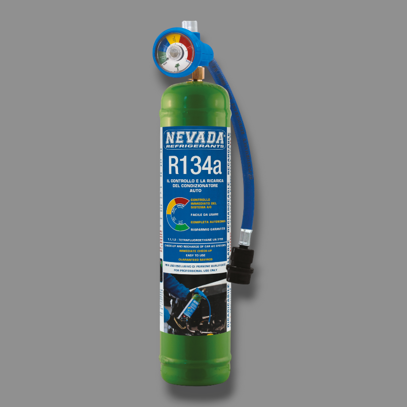 Kältemittelgas R134a in 900-g-Flasche mit Manometer und Schlauch mit Schnellanschluss für Auto-Klimaanlagen