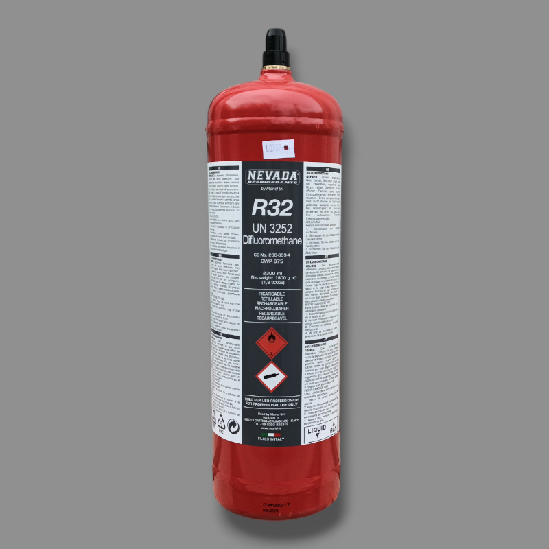 Gaz réfrigérant R32 en bouteille de 1,8 Kg. valve gauche 1/2" acme