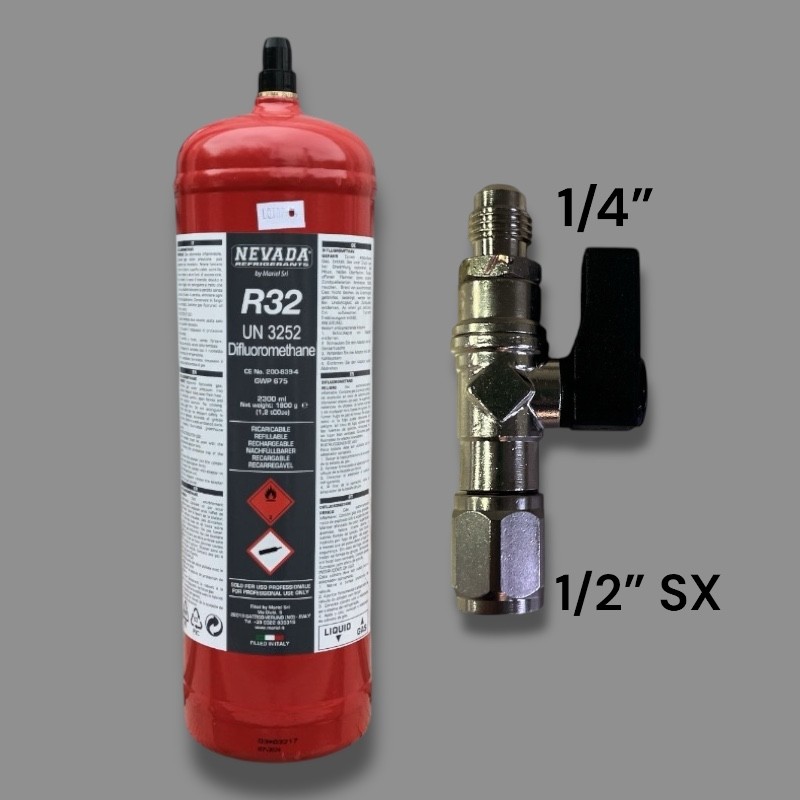 R32 refrigerant gas refill in 1.8 kg cylinder 1/2" acme left valve with 1/4" tap