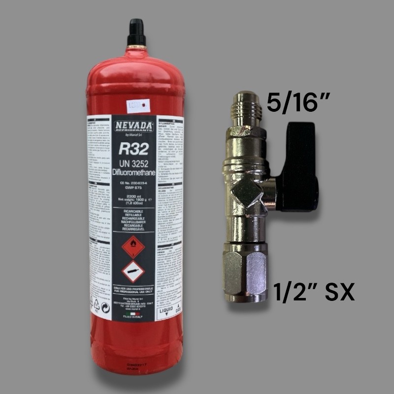 Gaz réfrigérant R32 en bouteille de 1,8 Kg. valve gauche 1/2" acme avec robinet 5/16"